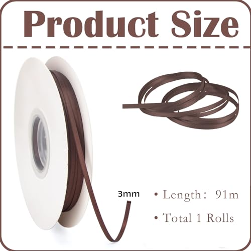 POPOYU Thin Ribbon Satin Ribbon 3mmx91m, Coffee Curling Ribbons for Crafting Gift Wrapping - Image 2