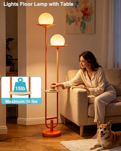 Image of Orange Dimmable Double Globe Floor Lamp with Shelf, 63 inch 2-Light Mid Century Modern Standing Lamp for Living Room Bedroom, 3000K Warm White Tall Pole Lamp with Foot Switch for Home Office