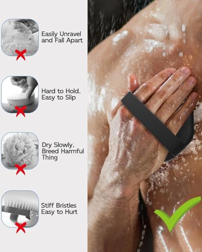 Image of KIMEE Silicone Body Scrubber and Bath Brush Combo - Long Handle Shower Brush for Back and Hexagonal Scrubber Set for Deep Cleansing, Body Massager and Exfoliator for Men and Women, Black