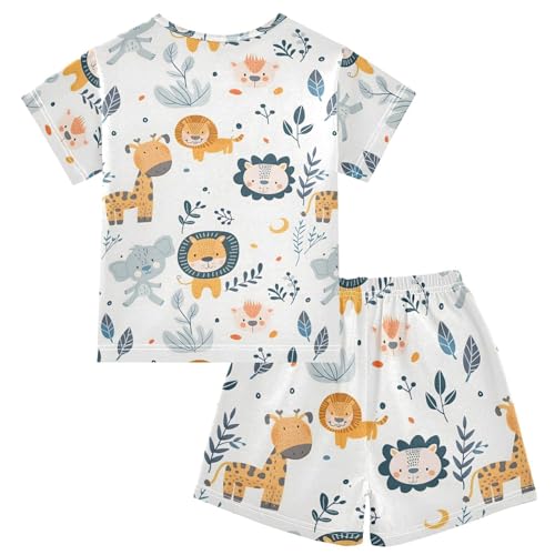 ALAZA Cute Lion Giraffe Elephant Cartoon Pajamas Short Sleeve 2 Piece Sleepwear Top and Bottom Pajama Set Unisex2