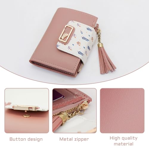 Cute Wallet for Women PU Leather Short Women Wallet with Tassel Pendant and Wheat Ear Pattern, Bifold Wallet with 5 Credit Card Slots, ID Window and Zippered Coin Pocket (Beige)3