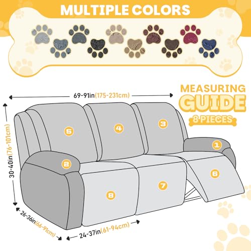 Ruaozz Recliner Sofa Covers, 8-Pieces Recliner Couch Cover 3 Seater Stretch Recliner Covers Washable with Elastic Bottom Non Slip Furniture Protector with Pockets for Dogs Pets (3 Seat, Dark Coffee) — view 2