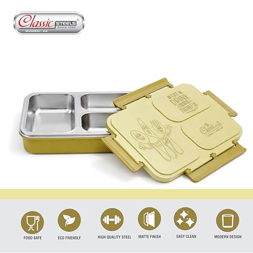 Image of Classic Steels Insulated 3-Compartment Stainless Steel Lunch Box for Kids & Adults | Leak-Proof Bento Box with Silicone Seal | BPA-Free & Food Grade, Yellow