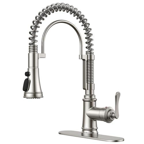 Image of FORIOUS Kitchen Faucet with Pull Down Sprayer, Stainless Steel Single Handle Spring Antique Kitchen Sink Faucet with Deck Plate, Sutiable for Farmhouse, RV, Camper, Wet Bar, Brushed Nickel