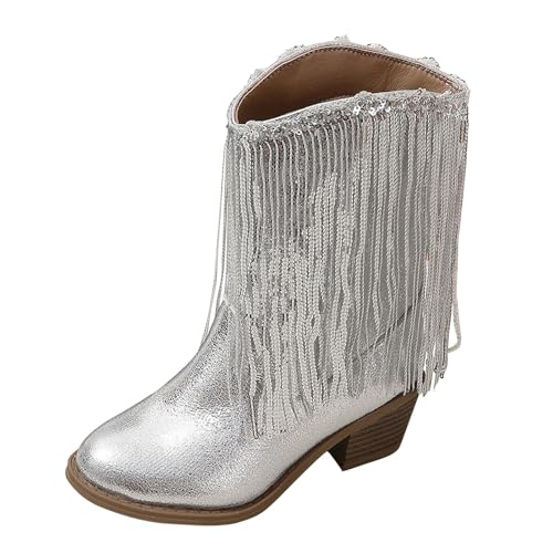 Girls Fringe 𝗥hinestone Tassel Cowboy Boots Western Cow-Girl Pointed Toe Block High Heel Zipper Knee High Boots