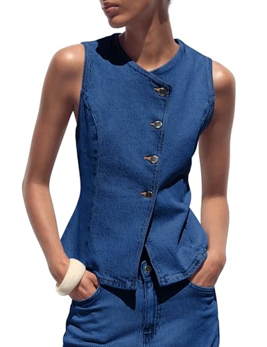 Womens Denim Vest Tops Sleeveless Jean Vest Button Down Denim Tank Tops Casual Waistcoat