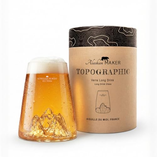 Alaskan MAKER Verre long 450ml - Borosilicate de qualité supérieure soufflé artisanalement avec les montagnes en relief | Cocktail, bière ou soft TOPOGRAPHIC (Aiguille du Midi)