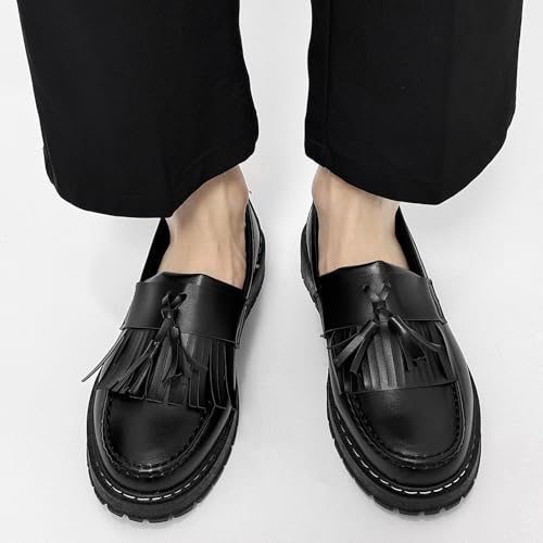 Men's Leather Platform Slip-On Tassel Loafers Fashion Non-Slip Low Top Round Toe Lug Sole Dress Shoes for Business Prom Party Penny Shoes4