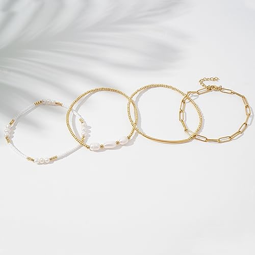 Gold Plated Beaded Bracelets for Women Stackable Set, Elegant Delicate Paperclip Link Stretch Chain Summer Bracelet Dainty Trendy Pearl Jewelry Birthday Gift4