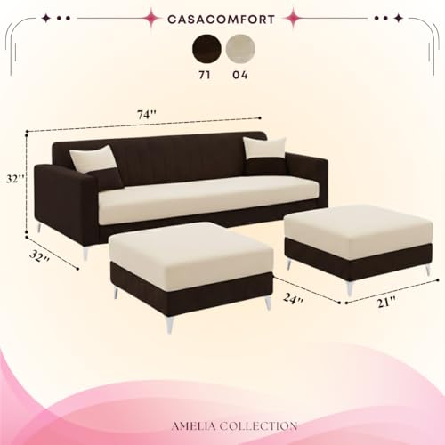 Image of Amelia 5 Seater L Shape Sofa Set with 2 Movable Ottomans | Flexible Layout | Rich Velvet Suede Fabric | Silver Legs | Spacious Seating | Modern Sofa for Living Room (Dark Brown-Cream)