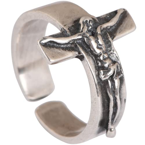 Bague croix de Jésus en argent S925 vintage ajustable pour homme et femme