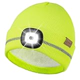 Etsfmoa Reflective Stripe Hat with Light,Fleece Lined Beanie for Men and Women,Type-c Rechargeable High Visibility LED Cap (US, Alpha, One Size, Fluorescent Yellow)
