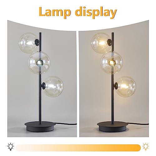 Image of Modern Globe Table Lamp, Mid Century 3 Lights Black Bedside Lamp, Brown Glass Globe Reading Lamp for Bedroom Living Room Study Room
