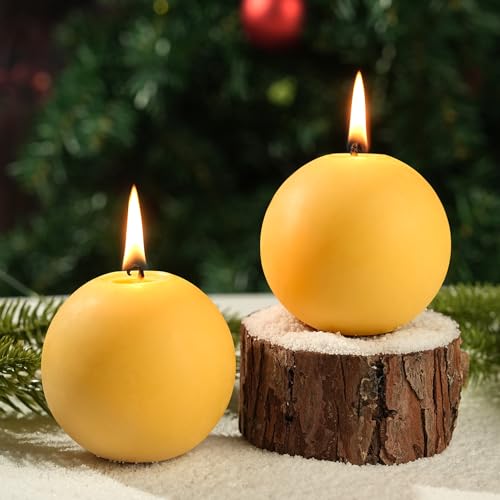 2 Stück Bienenwachskugel-Stumpenkerzen, 7,6 cm, natürliches Bienenwachs, runde Kugelkerzen, 60 H lange Brenndauer, ungiftige Bienenwachskerzen für Notfall, Weihnachtsfeier, Hochzeiten, Zuhause