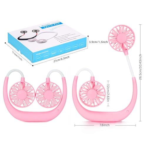Image of One94Store Portable Neck Fan - 1200mAh USB Rechargeable, 3-Mode, 7-Blade, Hands-Free Wearable Cooling Fan, Up to 3 Hours Use for Travel, Office, Outdoor, Sports & Home (Pink)