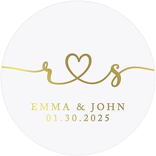 Andaz Press 2" Round Clear Personalized Wedding Sticker Labels with Gold, Custom Monogram Heart Transparent Vinyl Envelope Tab Sealer Self-Adhesive Labels for Wedding Invitations Favors Cards, 40-Pack