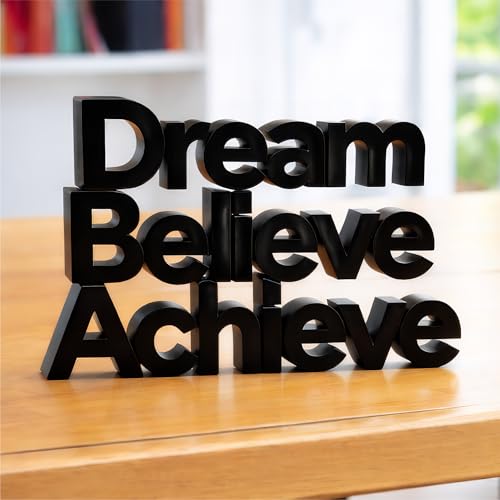 Image of Mad Masters Dream Believe Achieve Motivational Desk Decor - Aesthetic Table, Shelf & Wall Showpiece for Home Office, Business. Vastu Friendly Gifting, Matte Black (8x5.5x1 Inch)