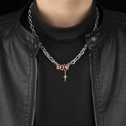 Image of Chain for Man, Stylish Necklace for Men with Celestial Inspired Red Diamond Pendant, Elegant Silver Chain for Men