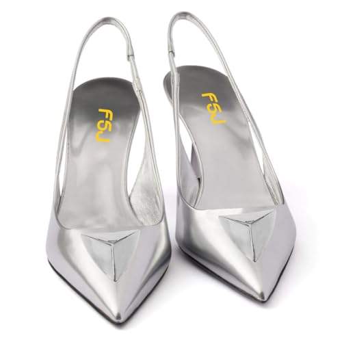 FSJ Women Slingback Stiletto High Heels Pumps Pointed Toe Metallic Triangle Sleek Sandals with Strech Strap Sexy Office Dress Shoes Size 4-16 US4