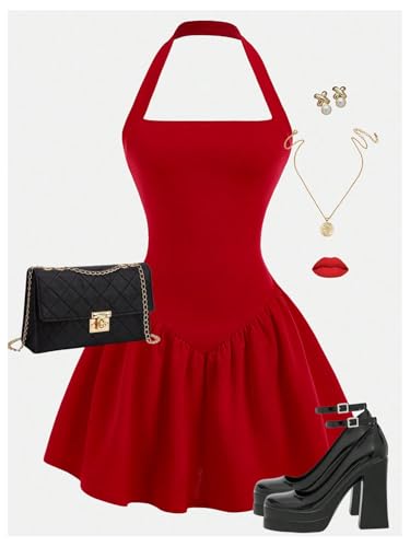 SHENHE Girl's Summer Fit and Flare Dress Halter Wedding Guest Party Flowy Short Dress4