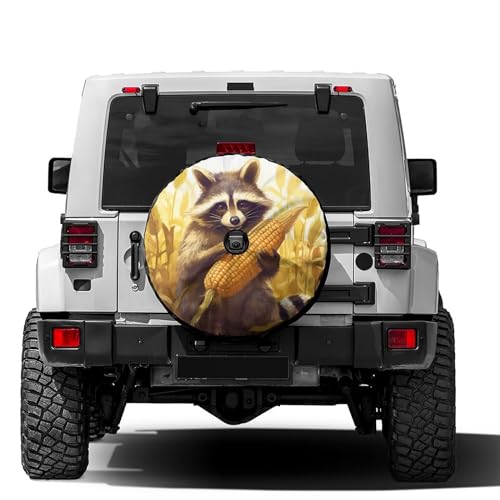 Image of Delerain Spare Tire Cover with Backup Camera Hole Cute Raccoon with Corn Wheel Covers Waterproof Dust-Proof UV Sun Universal Fit for RV Trailer RV SUV Truck (17 Inch for Diameter 31 inch-33 inch)