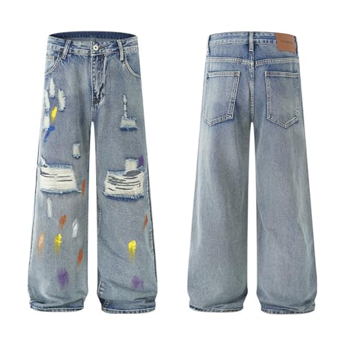 Men's Baggy Ripped Jeans Wide Leg Distressed Denim Pants with