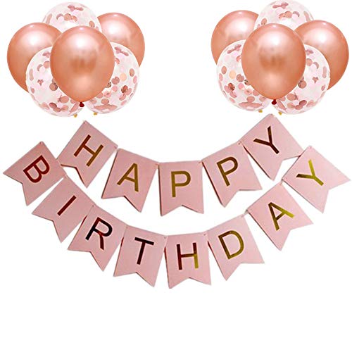 Happy Birthday Banners Rose Gold Birthday Banner Bunting + 12pcs 12” Latex Balloons Girl’s Decorations Supplies for Women