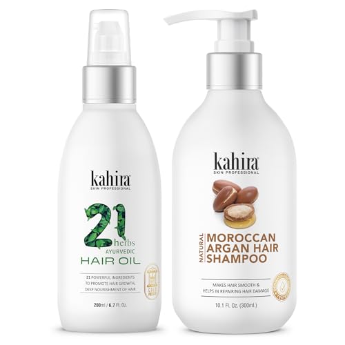 Image of Damage Repair Combo: 21 Herbs Ayurvedic Hair Oil (200ml) & Natural Moroccan Argan Hair Shampoo (300ml) - Makes Hair Smooth, Helps in Repairing Hair Damage & Deep Root Nourishment