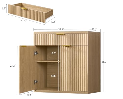 Image of TEENFON Fluted Buffet Cabinet with Storage, 63 inch Sideboard Cabinet, Coffee Bar Cabinet with 2 Doors and Adjustable Shelf for Living Room, Kitchen, Entryway, Natural