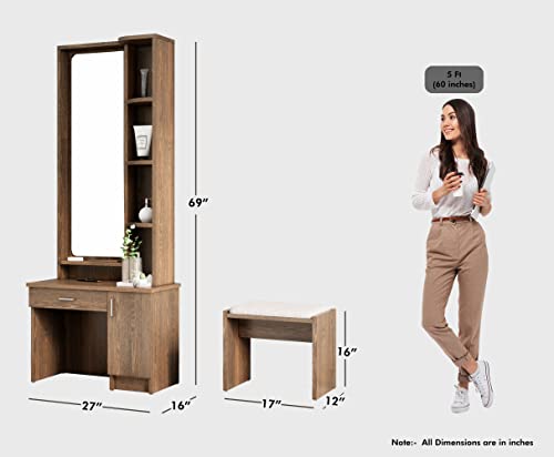 Image of Bniture Dressing Table for Bedroom with 1 Drawer, Mirror and Huge Storage Space with Stool | Long Dresser Vanity Table with Mirror(40D x 68W x 175H CM, Flower Wenge)