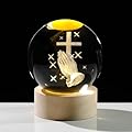 Arikyrist 3D Cross Crystal Ball with Wooden Light Base, Laser Engraved Cross with Praying in Hand Religious Gifts for Women, 3D Crystal Cross Figurines Night Light Home Decor