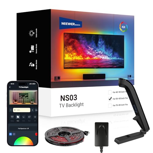NEEWER Basics TV Backlight for 55-65 Screens 11.8ft/3.6m LED RGB Light Strips with Sensor Change with TV Scheduled On/Off Zero Delay Color Sync Music Sync 24 Scenes Supports App Control NS03