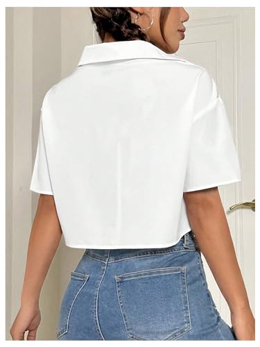 MakeMeChic Women's Cropped Button Down Shirt Collar Short Sleeve Pocket Crop Tops2