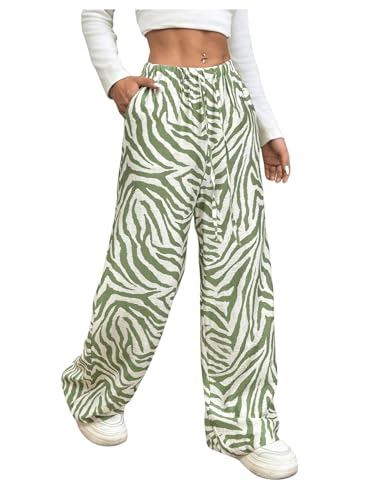 OYOANGLE Women's Zebra Striped Print Long Pants Drawstring Elastic High Waist Wide Leg Casual Trousers with Pockets
