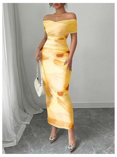 Floerns Women's Mesh Off The Shoulder Dress Ruched Wrap Front Bodycon Maxi Party Dresses2