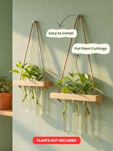 Image of Hanging Planter Set of 2 with Wooden Holder & Rope | 6 Test Tube Hanging Plant Indoor Stand | Wooden Planter for Home Decor, Living Room, Balcony & Office Decoration
