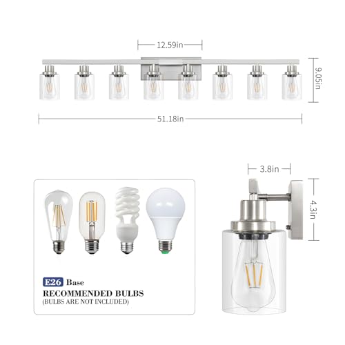 Image of 52inch Brushed Nickel Vanity Light Fixtures, 8 Light Brushed Nickel Bathroom Vanity Lights Over Mirror, Matte Nickel Modern Bathroom Wall Lighting for Mirror Bedroom,Living Room
