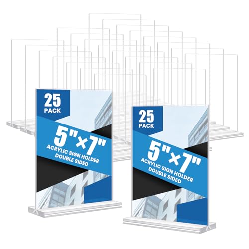 Acrylic Sign Holder 5x7, 25 Pack Clear Double Sided Table Menu Vertical Display, Plastic Flyer Display Stand, Paper photo Plastic Sign Frame Suitable for Restaurants Office Store Hotels, Show Fair