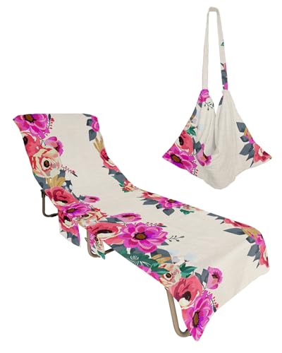 Pink Red Yellow Flowers Beach Lounge Chair Towel Cover, Soft Chaise Lounge Towel with Side Pockets Patio Pool Chairs Cover for Beach/Pool Sunbathing 29x85 Watercolor Spring Floral Botanical Rustic