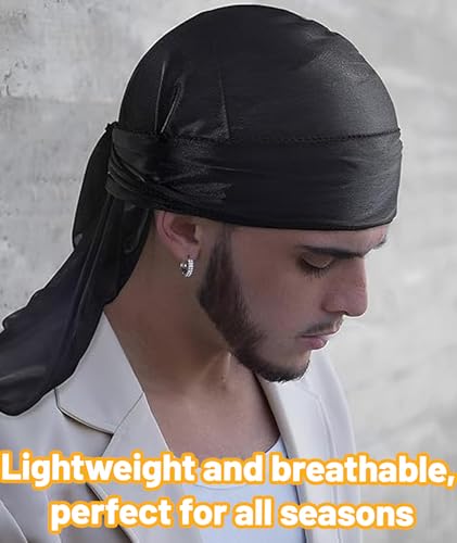 Image of 4 Pcs Durag Set for Men and Women - Silky Satin Head Scarf for 360 Waves, Hair Protection, and Hiphop Style in Blue, Black, Wine Red, Silver