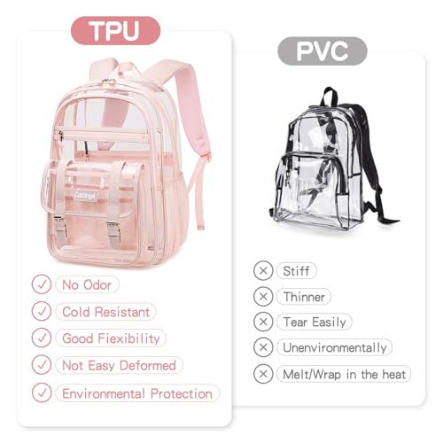 Image of Pink Big Clear Backpack Heavy Duty For Lady,18in XL TPU Bookbag 15Age+ Girl | See Through plastic Stitch durable Design 5-Pocket For School Adults work Warehouses Airport security quick check Adults bag