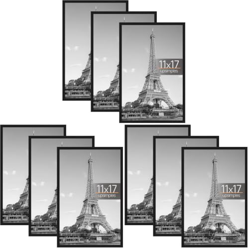 Image of upsimples 11x17 Picture Frame Black 9 Pack, Scratch-Proof 11 x 17 Poster Frames for Photo Gallery - Slide-In Strips, Horizontal or Vertical Wall Mounting