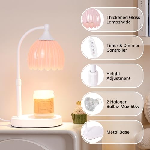 Image of Creamy Pink Tulip Wax Melt Warmer with Timer, Dimmable & Height Adjustable, Ideal for Jar Candles, Perfect Home Decor for Bedroom, Living Room, Office, Great Gifts for Women (2 Bulbs Included)