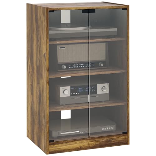 HOMCOM Media Cabinet, 4-Tier Stereo Cabinet, Record Player Stand with Vinyl Record Storage, Adjustable Shelves, Tempered Glass Doors and Cable Management, Rustic Brown