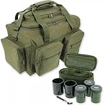 Carp Fishing Carryall with Brew Kit Spacious Storage, Self Sealing Zips Adjustable Shoulder Strap, Organized Storage for Fishing Gear Includes, Containers, Cups and Teaspoon Outdoor Activity