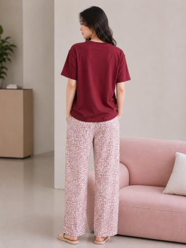Image of Women's 2-Piece Pajama Set - Short Sleeve Top & Pants Lounge Set, Soft Breathable Sleepwear Night Suit for Women