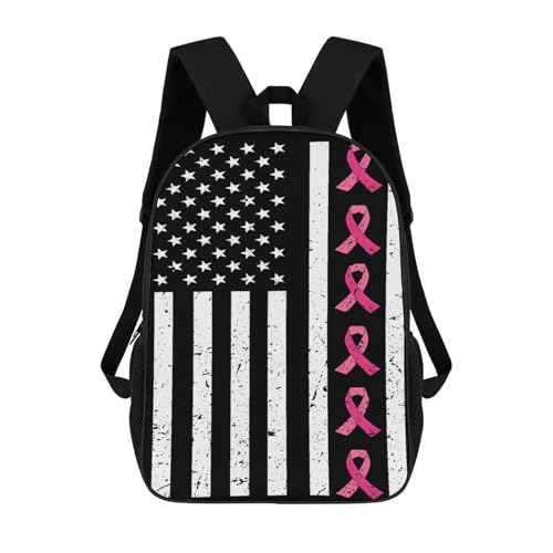 OBLUE Breast Cancer Awareness American Flag Hope Strength Courage Backpack 17 Inch Shoulders Daypack Simple Leisure Travel Bag