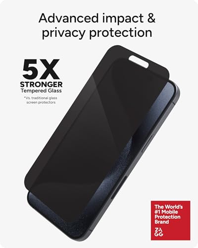 Image of ZAGG Glass Elite Privacy iPhone 15 Pro Max Screen Protector - 5X Stronger with Reinforced Edges, 2-Way Privacy Filter, Scratch & Smudge-Resistant Surface, InvisibleShield, Easy to Install