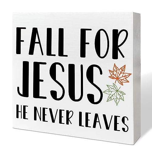 Fall Table Wooden Box Sign Decor, Fall for Jesus He Never Leaves, Autumn Christian Table Decorations for Home Office Harvest Thanksgiving Desk Decor