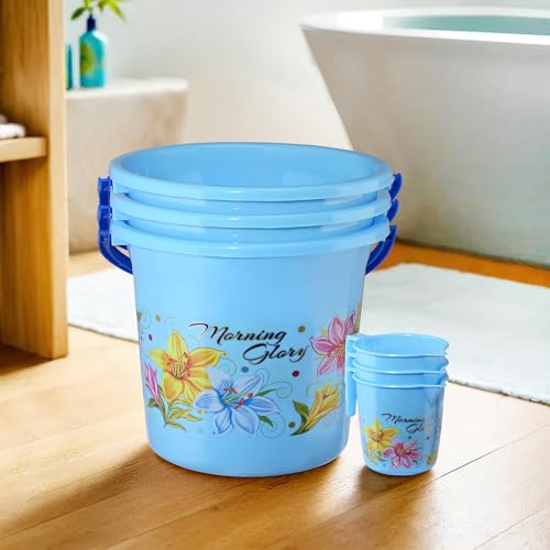 Image of Heart Home (Set of 6) Bathroom Bucket & Mug Set | Bathroom Combo Set for Bathroom, Hotels, Laundry (Each 3 Pieces) Bucket-18 L & Mug-500 ml Bathing Set | Bathroom Accessories Set | Blue